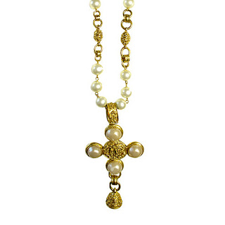 Vintage 1980's long gold & pearl Chanel cross necklace