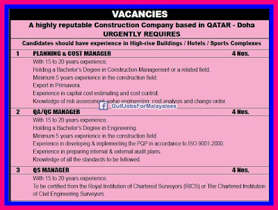 Urgent Vacancies For A Construction Company Qatar