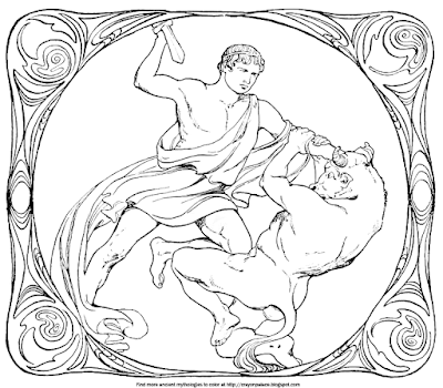 A coloring page of Theseus and the minotaur. | Crayon Palace