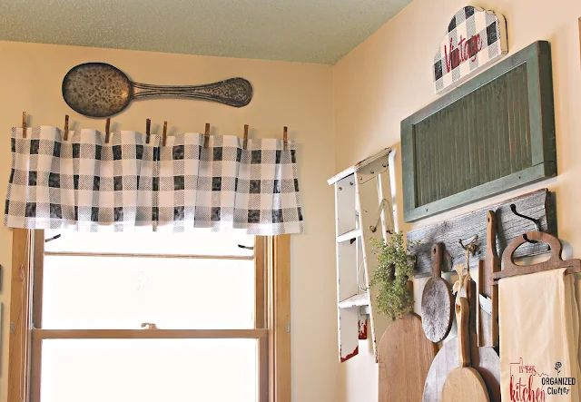 Buffalo Check Stenciled Flour Sack Dish Towel Valances #oldsignstencils #stencil #buffalocheck #farmhousekitchen