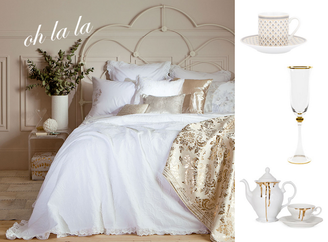 zara home, bedroom, gold and white bedroom, gold and white dishes, parisian style