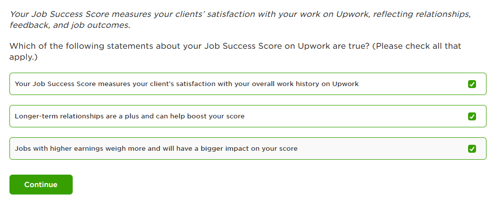 Your Job Success Score measures your clients’ satisfaction with your work on Upwork, reflecting relationships, feedback, and job outcomes.