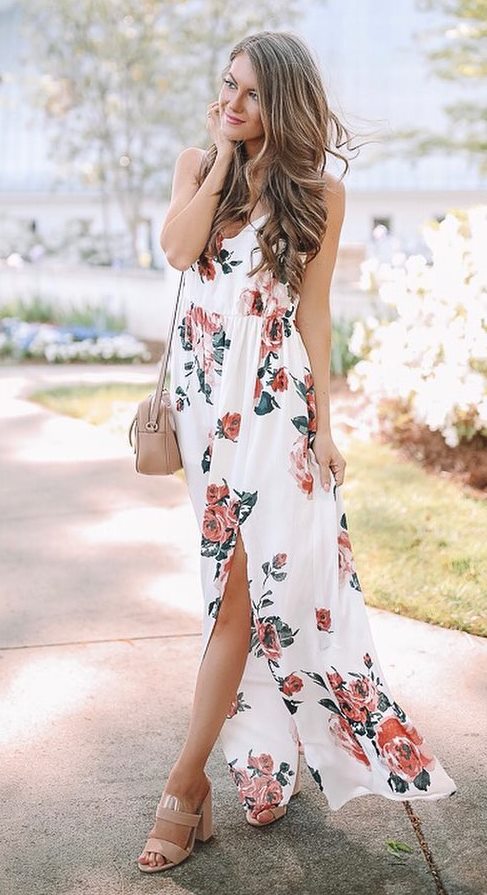 beautiful outfit idea / maxi floral dress + crossbody bag + heels