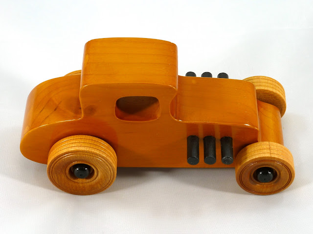 Right Side Top - Wooden Toy Car - Hot Rod Freaky Ford - 27 T Coupe - Pine - Amber Shellac - Black Hubs