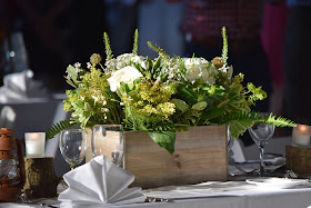 woodlands floral design, forest centerpiece, camping floral, wood box centerpiece