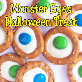 Make a sweet, simple, and delicious treat for your Halloween party with these Monster Eyes pretzel treats.  They are just "scary" enough to fit in at the Halloween dessert table but yummy enough that little Halloween guests will love them.