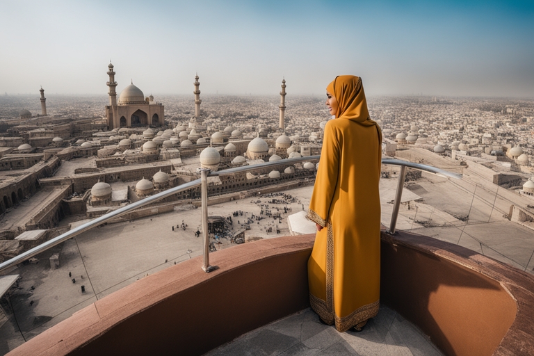 Une musulmane qui se tient sur un balcon surplombant une ville symbolisant le rêve d'être en haut d'un immeuble