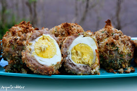 A Scotch egg is a boiled egg wrapped in sausage and breadcrumbs from Anyonita Nibbles