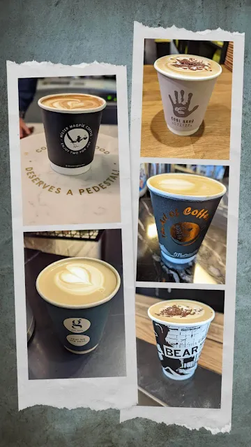 Collage of specialty coffees in takeaway cups in Dublin Ireland