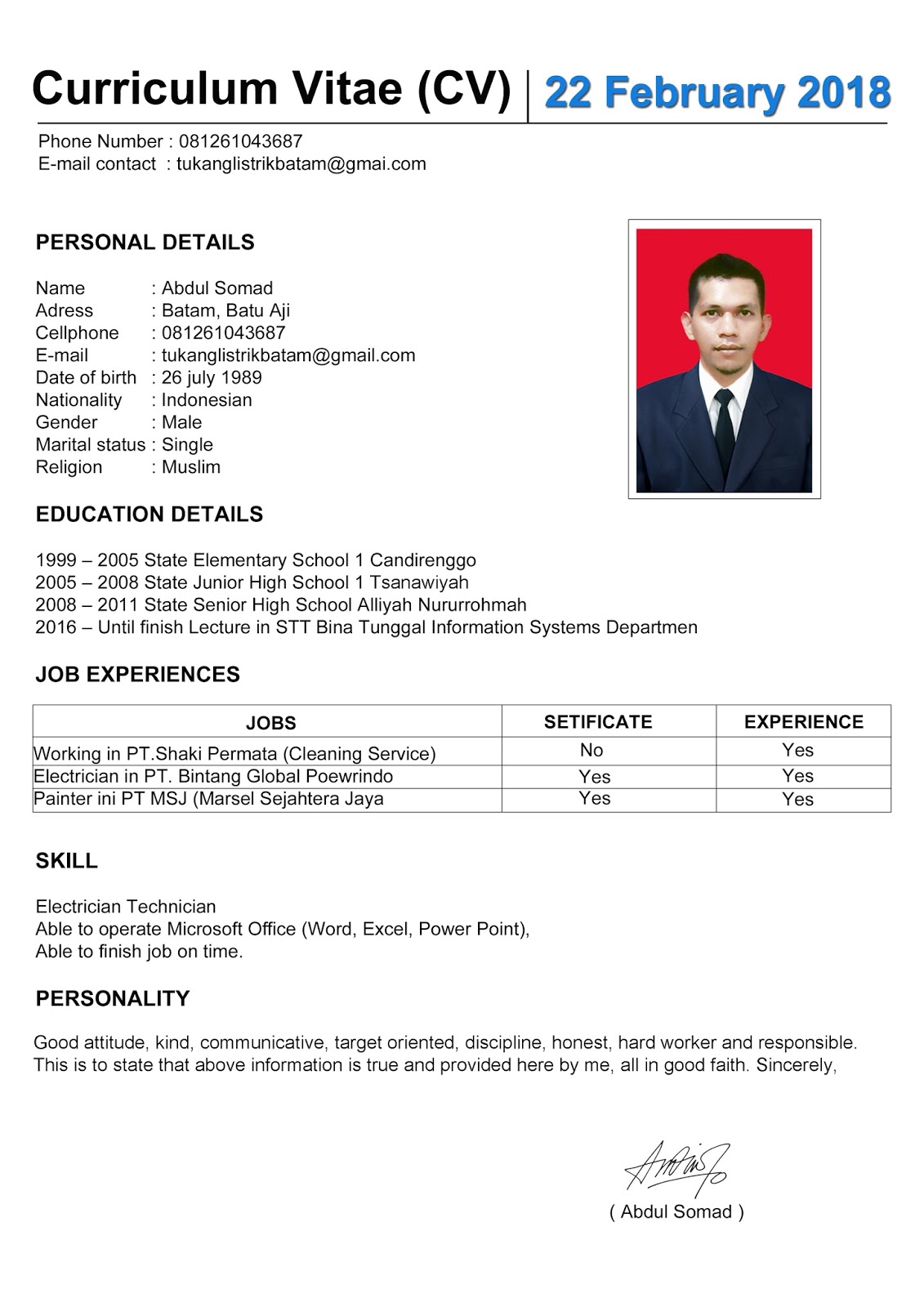 Contoh CV Lamaran Kerja (Curriculum Vitae)  TUKANG 