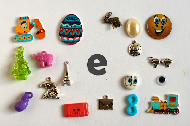 TomToy Individual letter E I spy trinkets for alphabet, Miniature abc objects, Montessori alphabet. Sorting toddler activities