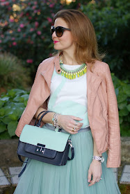 midi tulle skirt, mint tulle skirt, Sodini necklace, Miu Miu inspired bag, Fashion and Cookies, fashion blogger