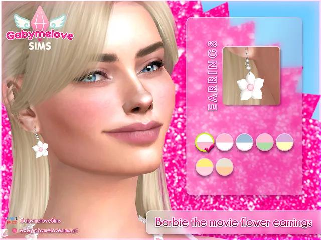 Sims 4 CC | Accessory: Barbie the movie flower earrings for women | Gabymelove Sims | Custom content, contenido personalizado, mod, mods, accesorio, accesories, accesorios, jewerly, aretes, zarcillos, collar, collares, necklace, doll, film, la película, flor, flores, mujer, mujeres, young, joven, adult, adulto, woman, teen, adolescente, margot robbie,
