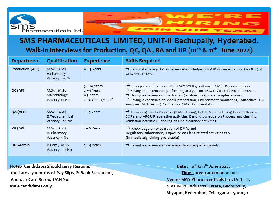 Job Available's for SMS Pharmaceuticals Ltd Walk-In Interview for MSc/ Microbiology/ BSc/ B Pharma/ B Tech Chemical/ B Com/ MBA
