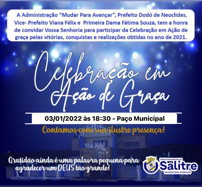 Administração Municipal De Salitre Convida Para A Celebração Em Ação De Graças Nesta Segunda Feira, (3).