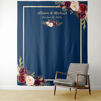  Navy Blue Gold Burgundy Floral Wedding Backdrop