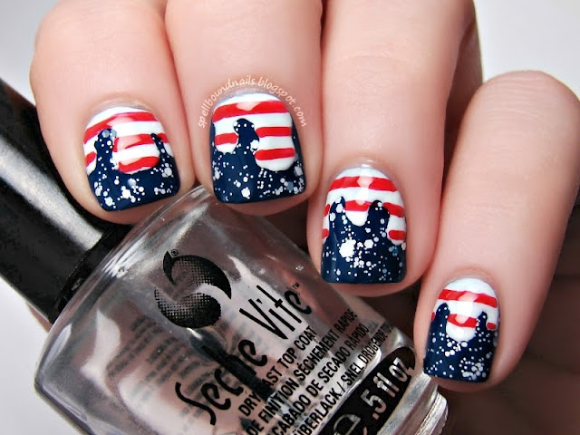 nail art Spellbound Nails Patriotic 4th of July red white blue stripes stars glitter America Independence Day