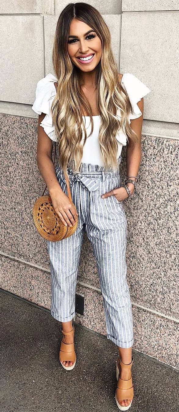 casual style addict / white blouse + round bag + striped pants + platform sandals