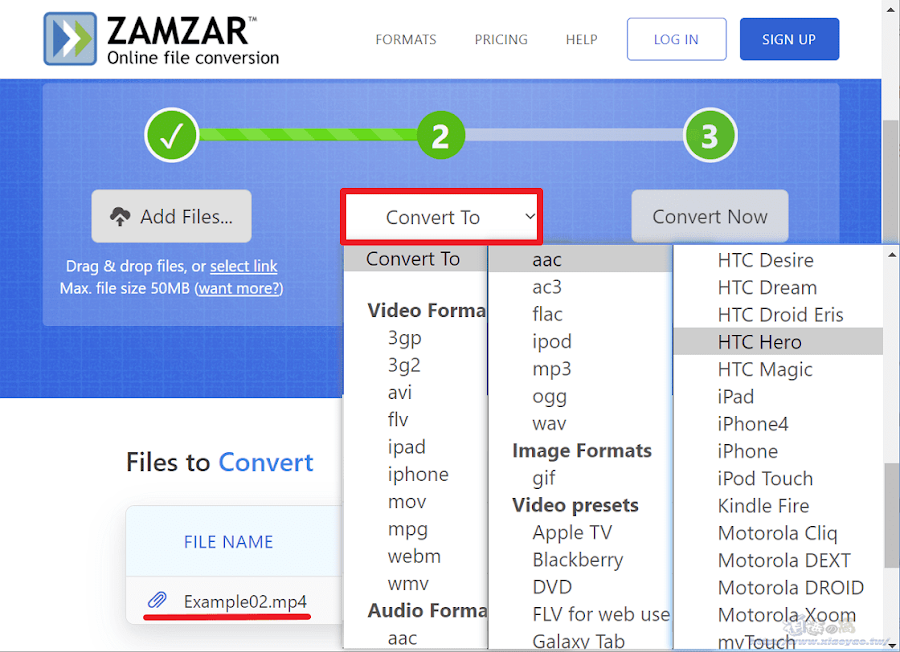 Zamzar 線上檔案格式轉換工具，支援文書、圖片、影音等上千種格式