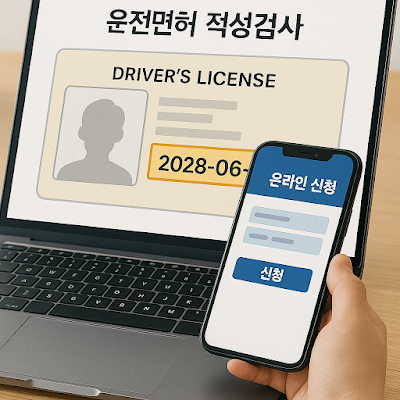 PC 화면에 면허증 적성검사 기한이 보이고 스마트폰에는 온라인 신청 화면이 표시된 모습