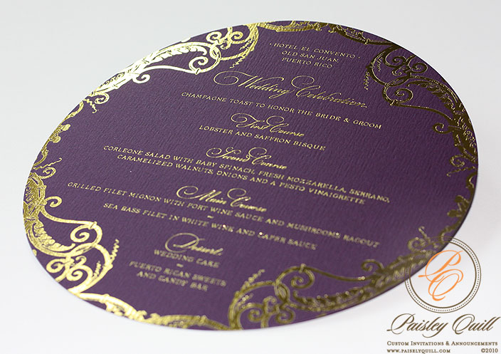 The menus were diecut to fit chargers and are gold foiled using the same 