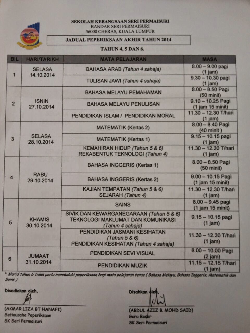 Selamat Maju Jaya & Jadual Peperiksaan Akhir Tahun 