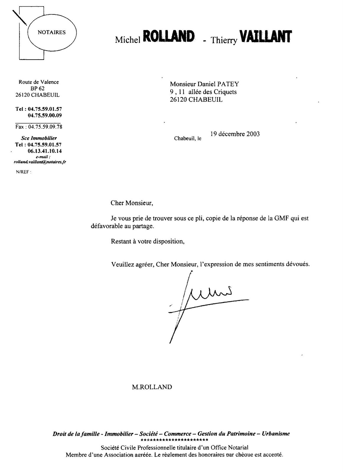 lettre du notaire de 2003 signifiant le refus de GMF a vente amiable