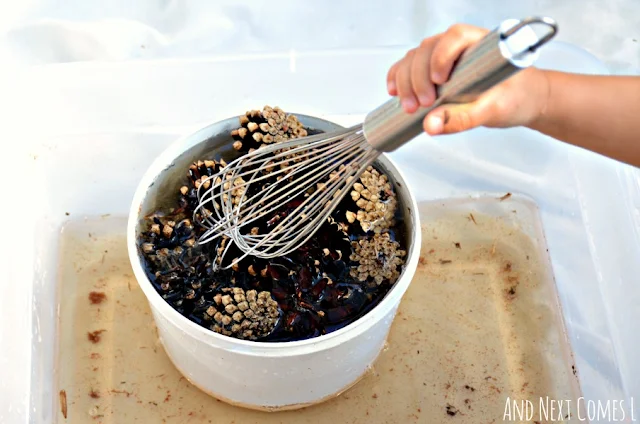 Preschooler and toddler playing with pinecones in a simple water sensory bin