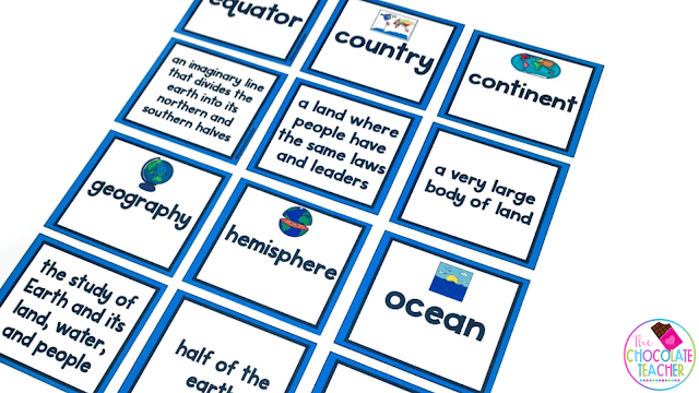 Vocabulary cards like these are a great way to introduce the vocabulary terms and conditions you will be covering as you teach continents and oceans with your first grade students.