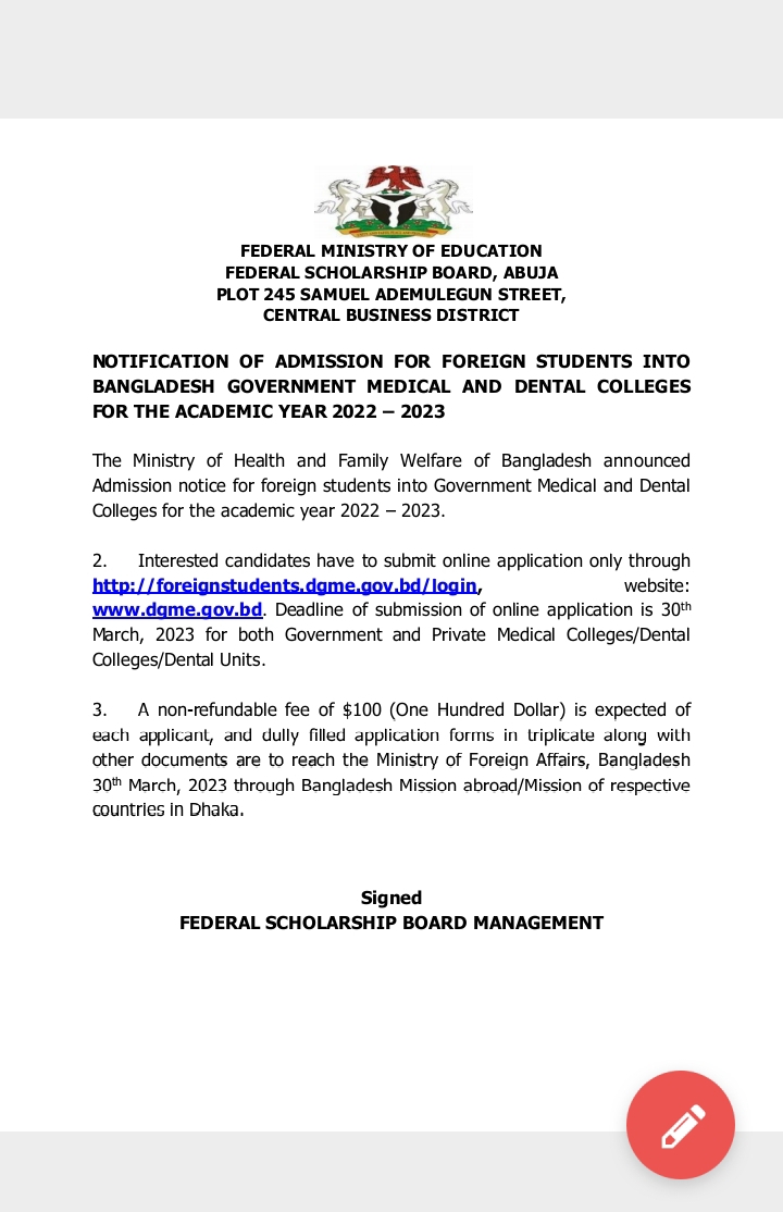Scholarship for Nigerian Students to Study in Bangladesh - Federal Ministry of Education