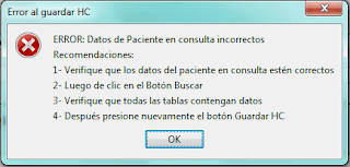 Mensaje de error por datos incorrectos del paciente en consulta.