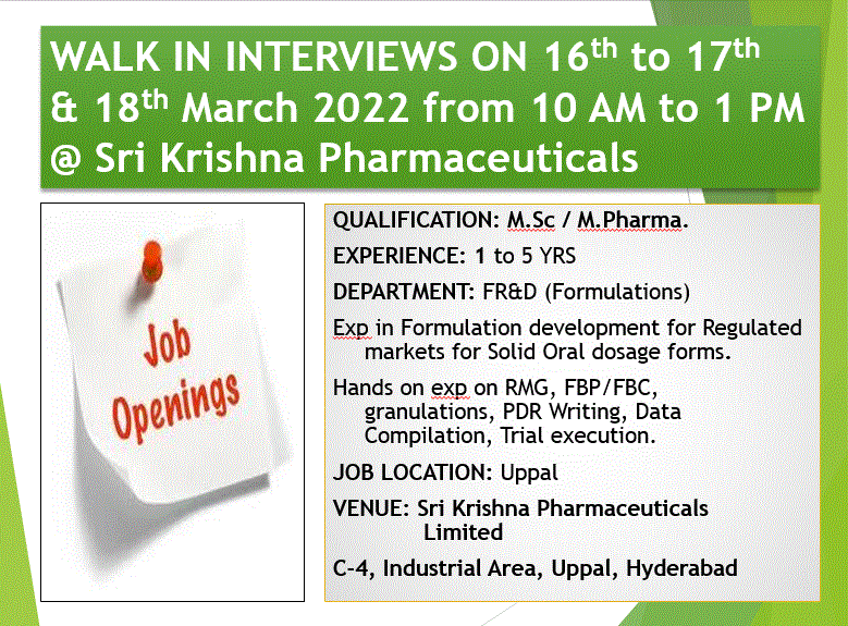 Job Availables,Sri Krishna Pharmaceuticals Walk-In-Interview For MSc/ M.Pharm