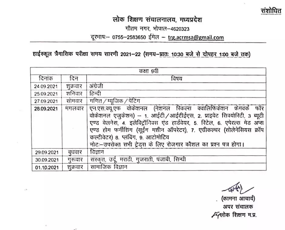 MP Board Class 9th Quarterly Exam (Trimasik Pariksha) time table 2021-22