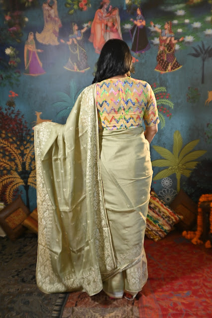 Pure Tussar, sage green, jamdani saree