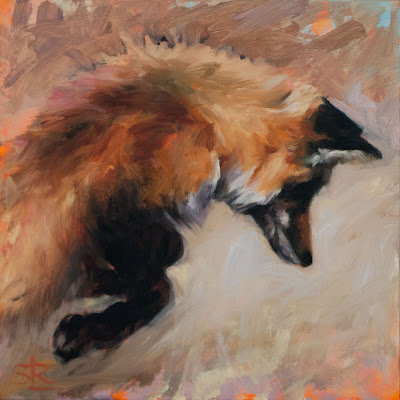 Red fox pouncing painting oil on panel urban wild Shannon Reynolds