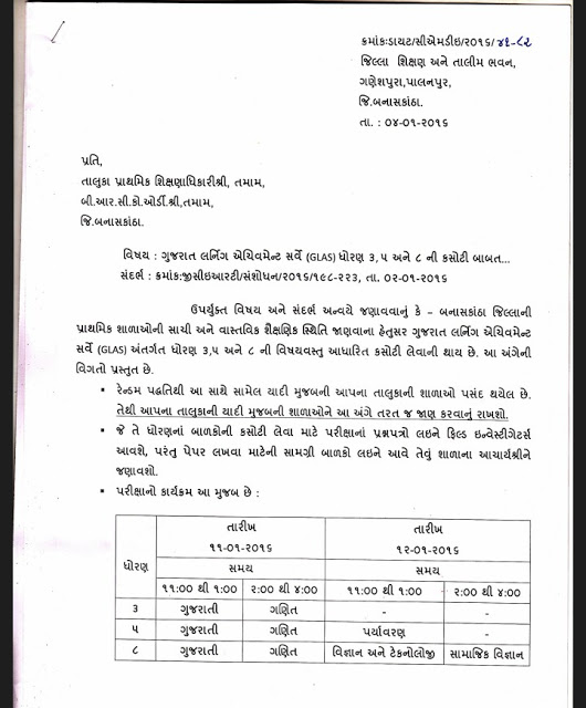 BANASKANTHA STD -3,5& 8 NI GLAS EXAM BABAT PARIPATRA DATE -4-1-2016.