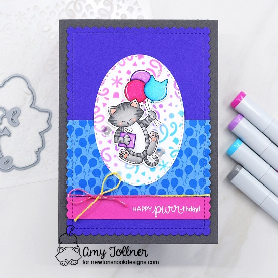 Happy purr-thday by Amy features Newton's Birthday Balloons, Oval Frames, Confetti, Birthday Party, and A7 Frames & Banners by Newton's Nook Designs; #inkypaws, #newtonsnook, #catcards, #birthdaycards, #cardmaking, #cardmaking