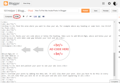 how to add ads inside blogger posts