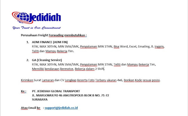 Lowongan Kerja Admin Finance Jedidiah Surabaya