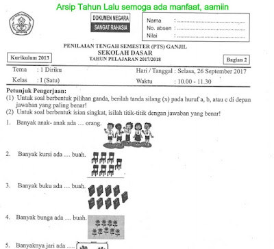 Download Soal Penilaian Tengah Semester (PTS) Ganjil Tema 1 Bagian 2 Kelas 1 SD Tahun 2017-2018 Gratis