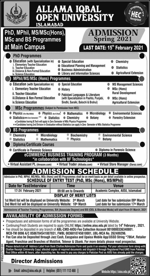  AIOU Admission 20201 AIOU  Online Admission Apply Online