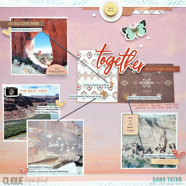 Multiple photo National Park road trip vacation scrapbook layout using the Prima Golden Desert Collection from the Sedona Base Kit from Clique Kits.