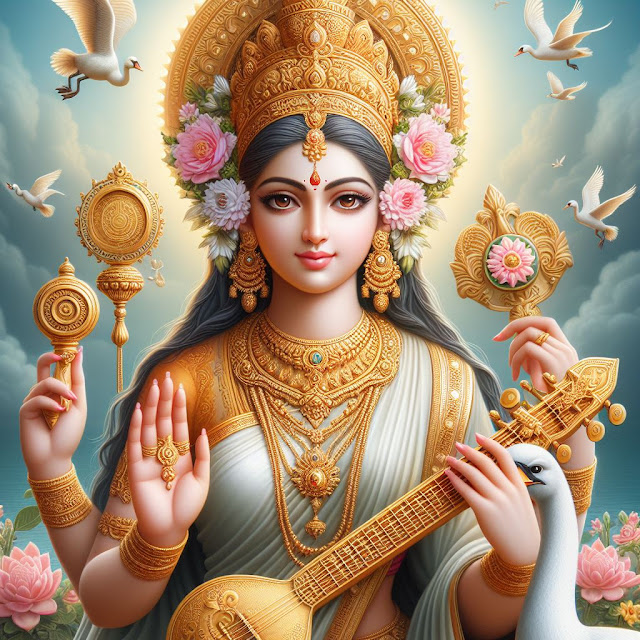 Wallpaper of goddess saraswati with clear and attractive eyes