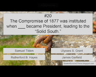 The Compromise of 1877 was instituted when ___ became President, leading to the “Solid South.” Answer choices include: Samuel Tilden, Ulysses S. Grant, Rutherford B. Hayes, James Garfield