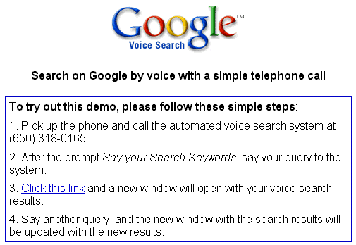 google images search.  a service that allowed you to search Google with a simple phone call.