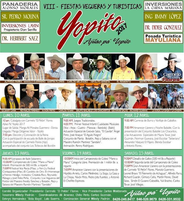 PROGRAMACIÓN: Fiestas Patronales de “Yopito” del 10 al 15 de abril 2017, en municipio Rómulo Gallegos. Apure. AUDIO.