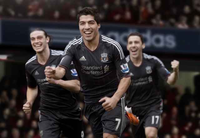 suarez in liverpool shirt. The new away kit will go on