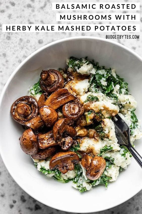 These Balsamic Roasted Mushrooms with Herby Kale Mashed Potatoes are a vegetarian meal that will please any "meat and potatoes" style meal lover. Budgetbytes.com