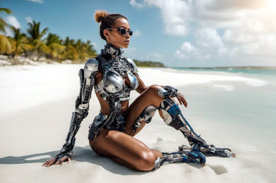 female cyborg sitting on beach