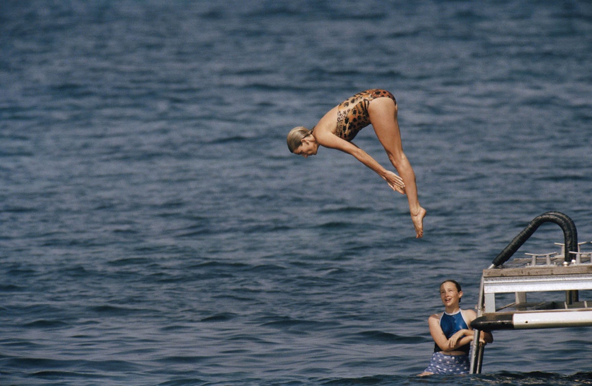 Princess Diana on a yacht in St.Tropez, 1997. | summer, style, inspiration, animal print, leopard print, aesthetic, lifestlye, swimsuit | Allegory of Vanity.jpg